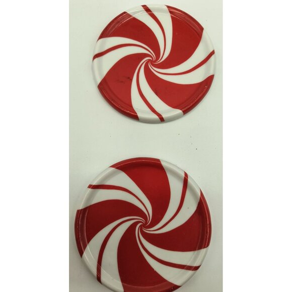 Set Of 2 Peppermint Swirl Decorative Coasters By Department 56 - Red & White - Picture 3 of 3